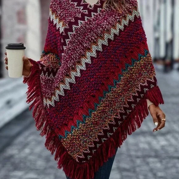 Chevron Fringe Hem Poncho Sweater multi color - Picture 5 of 7